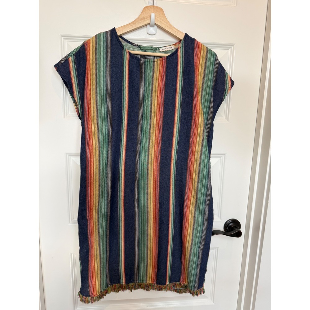 Main Strip Womens Striped Boho Fringe Hem Button Back Mini Dress Blue Multi S